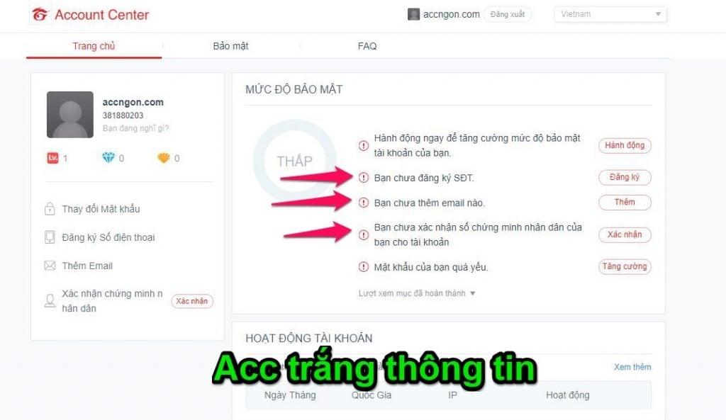 Acc trắng thông tin 
